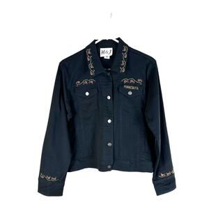 H&J Black Western Denim Jacket Rhinestone Studded Embellished Size M